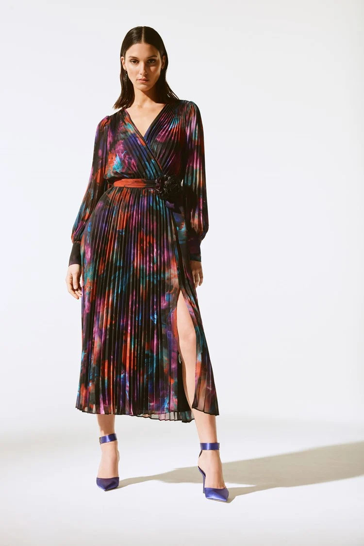 Joseph Ribkoff Black/Multi Floral Chiffon Pleated Dress 243770X M
