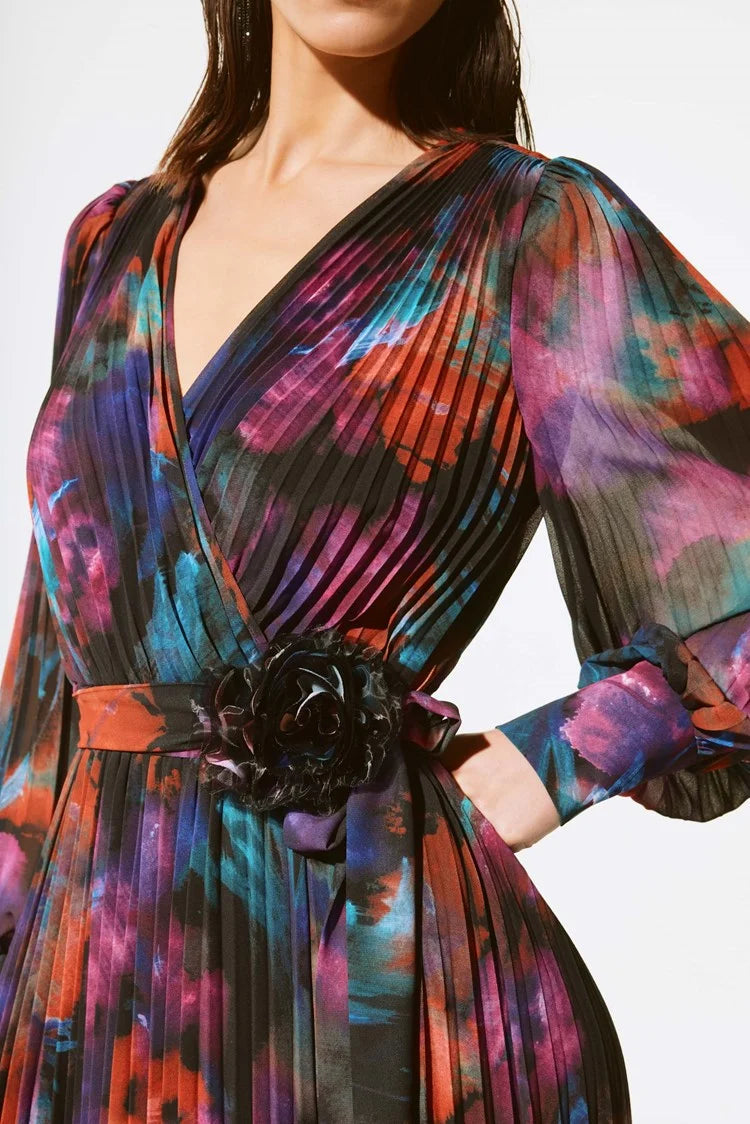 Joseph Ribkoff Black/Multi Floral Chiffon Pleated Dress 243770X M