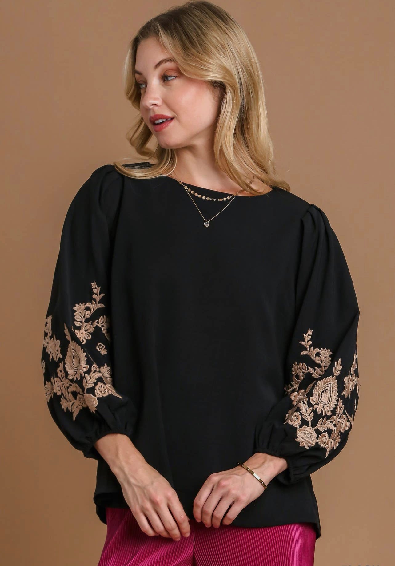 Embroidered Balloon Sleeve Blouse