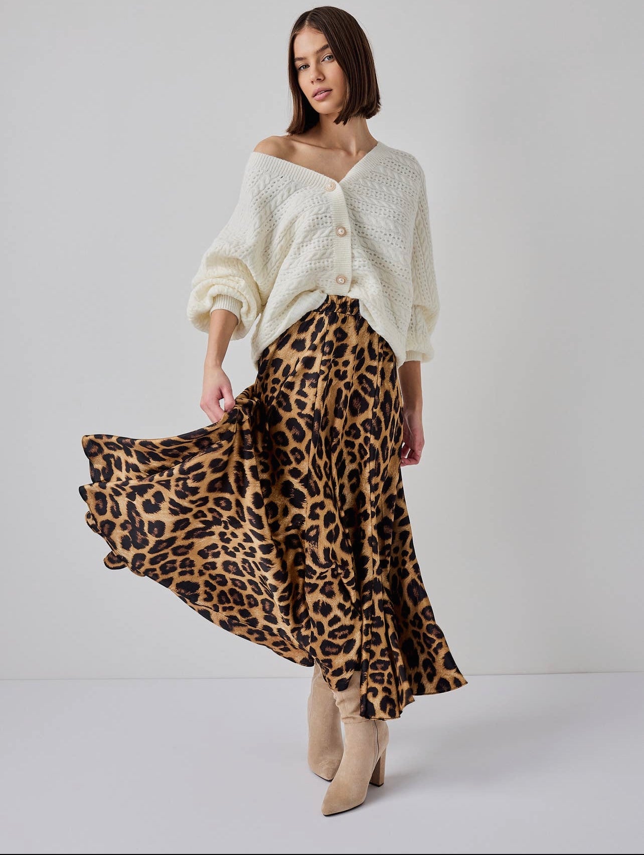 Leopard Satin Midi Skirt