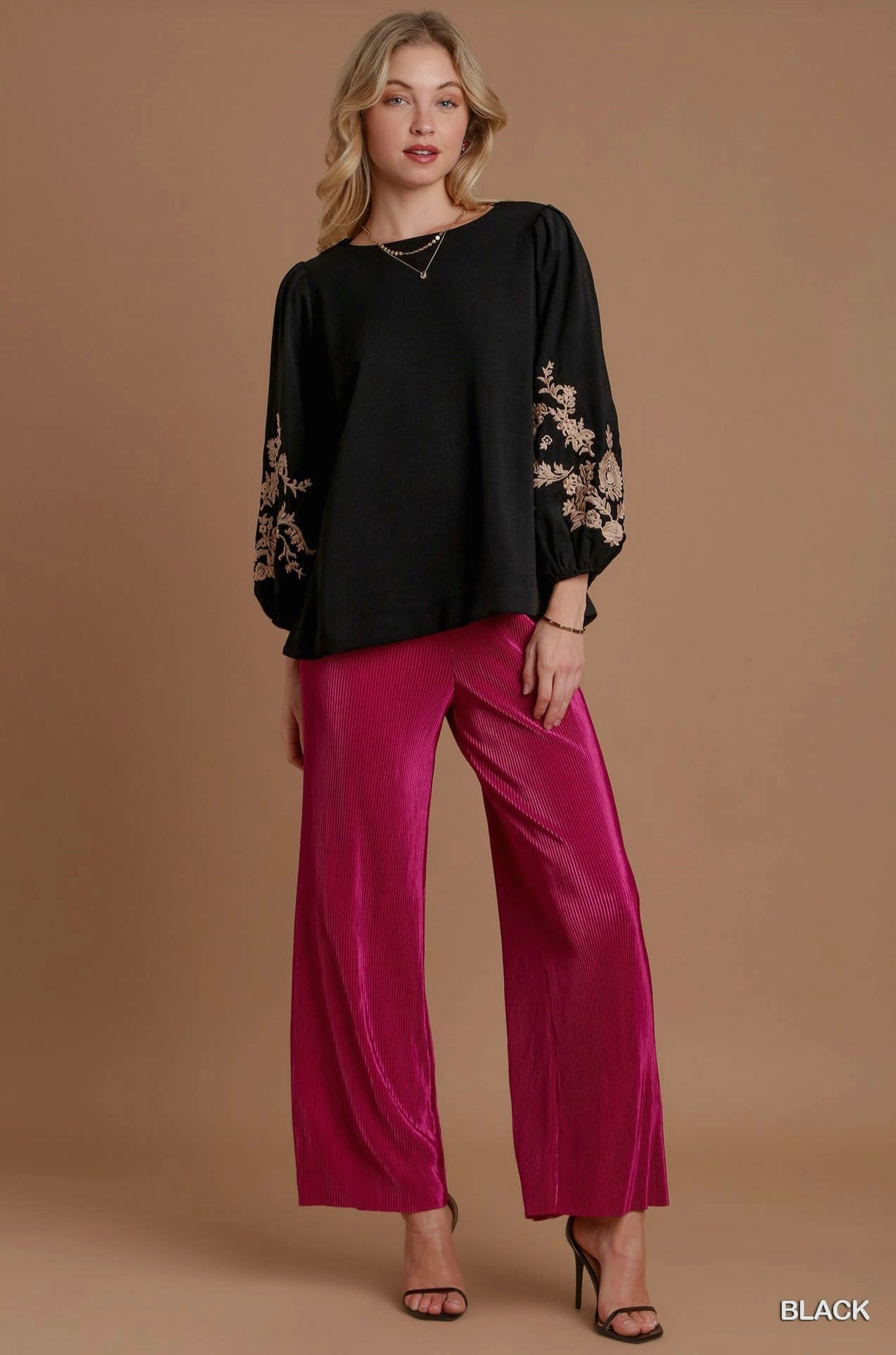 Embroidered Balloon Sleeve Blouse