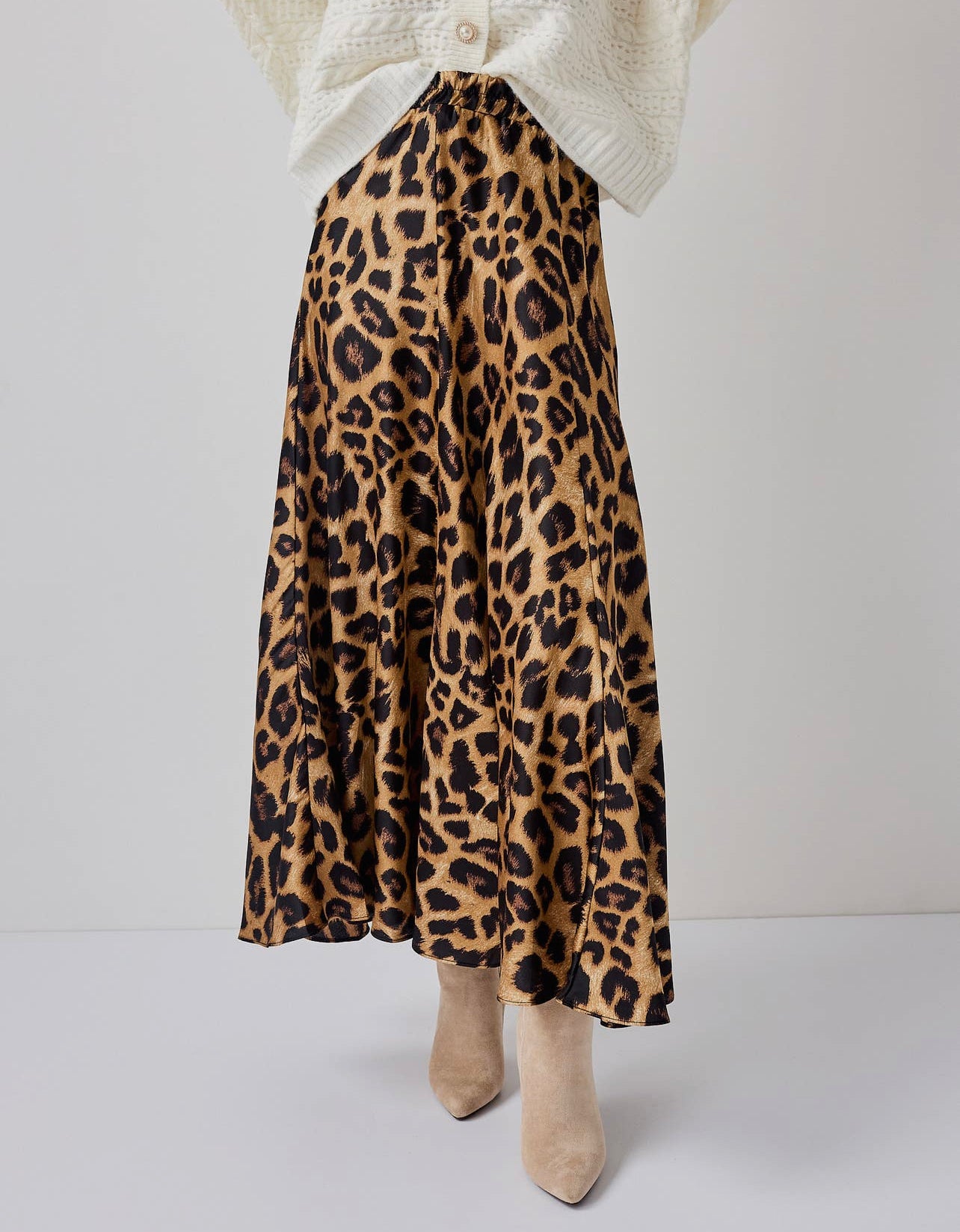 Leopard Satin Midi Skirt