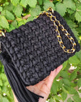 Crochet Front Flap Clutch Handbag Black