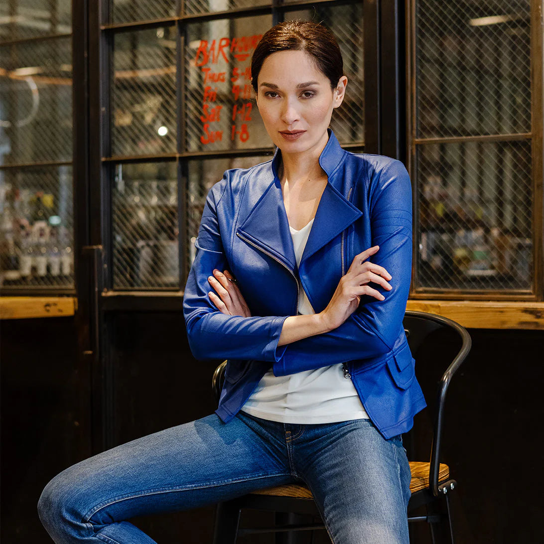 Clara Sunwoo Liquid Leather Biker Jacket Cobalt