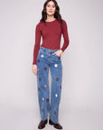 Wide Leg All Over Flower Patch Stretch Denim
