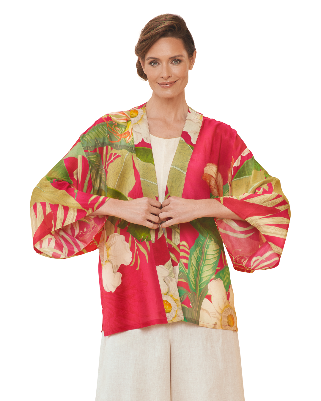 Delicate Tropical Kimono Jacket Dark Rose