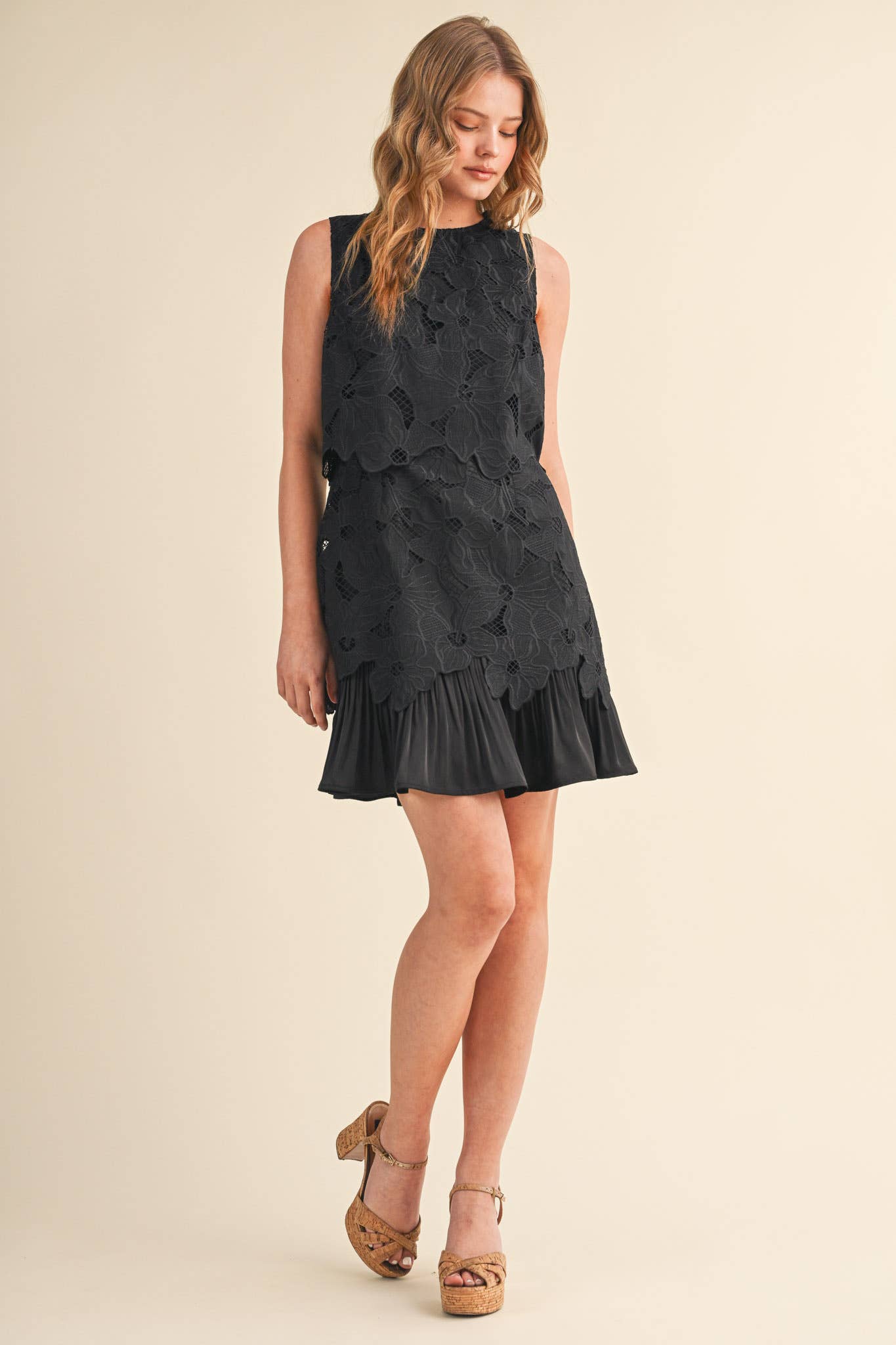 Tiered Floral Lace Flounce Hem Mini Dress