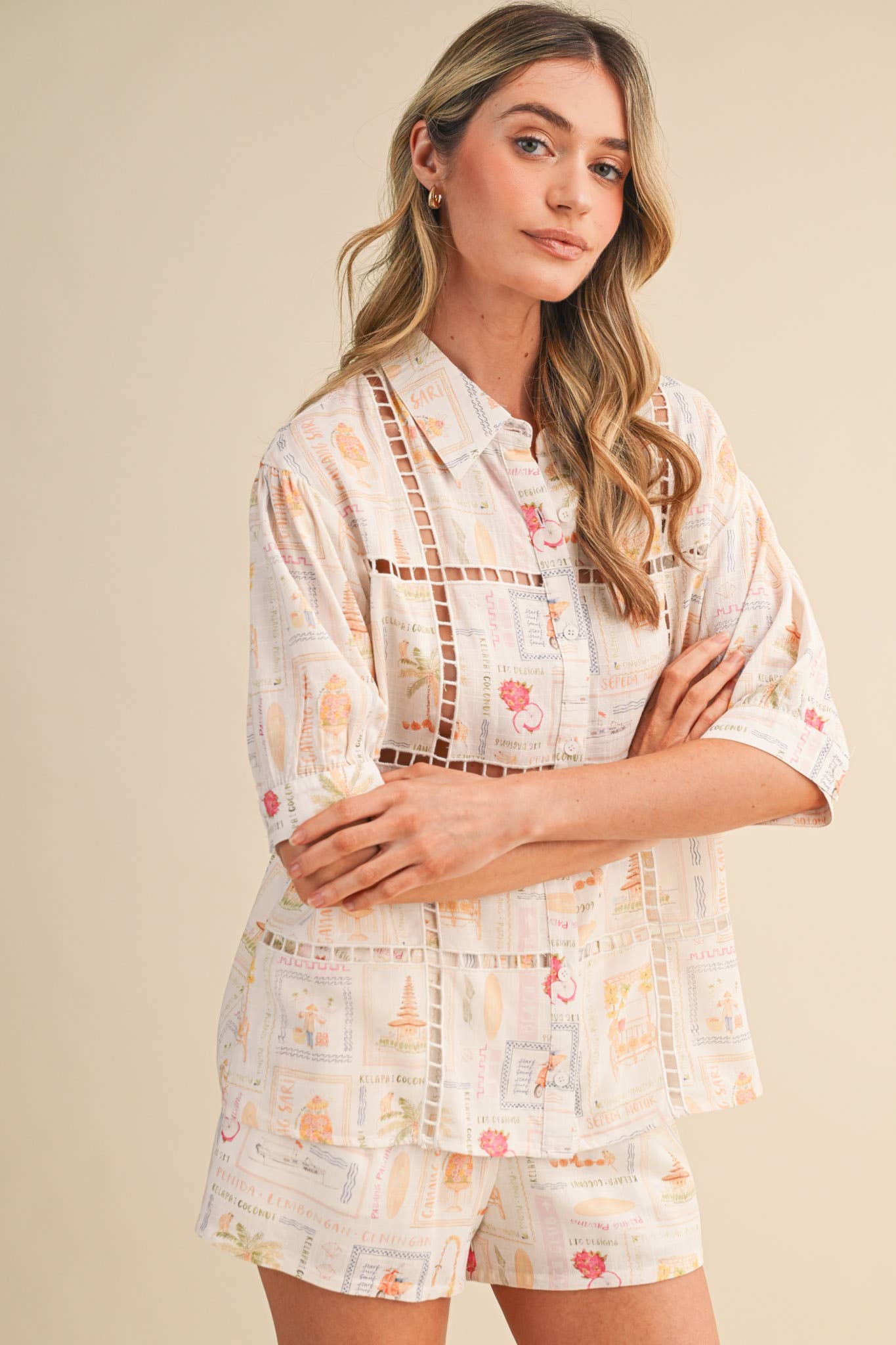Ladder Trim Button Top &amp; Shorts Set