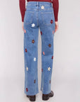 Wide Leg All Over Flower Patch Stretch Denim