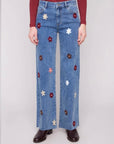 Wide Leg All Over Flower Patch Stretch Denim