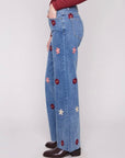 Wide Leg All Over Flower Patch Stretch Denim