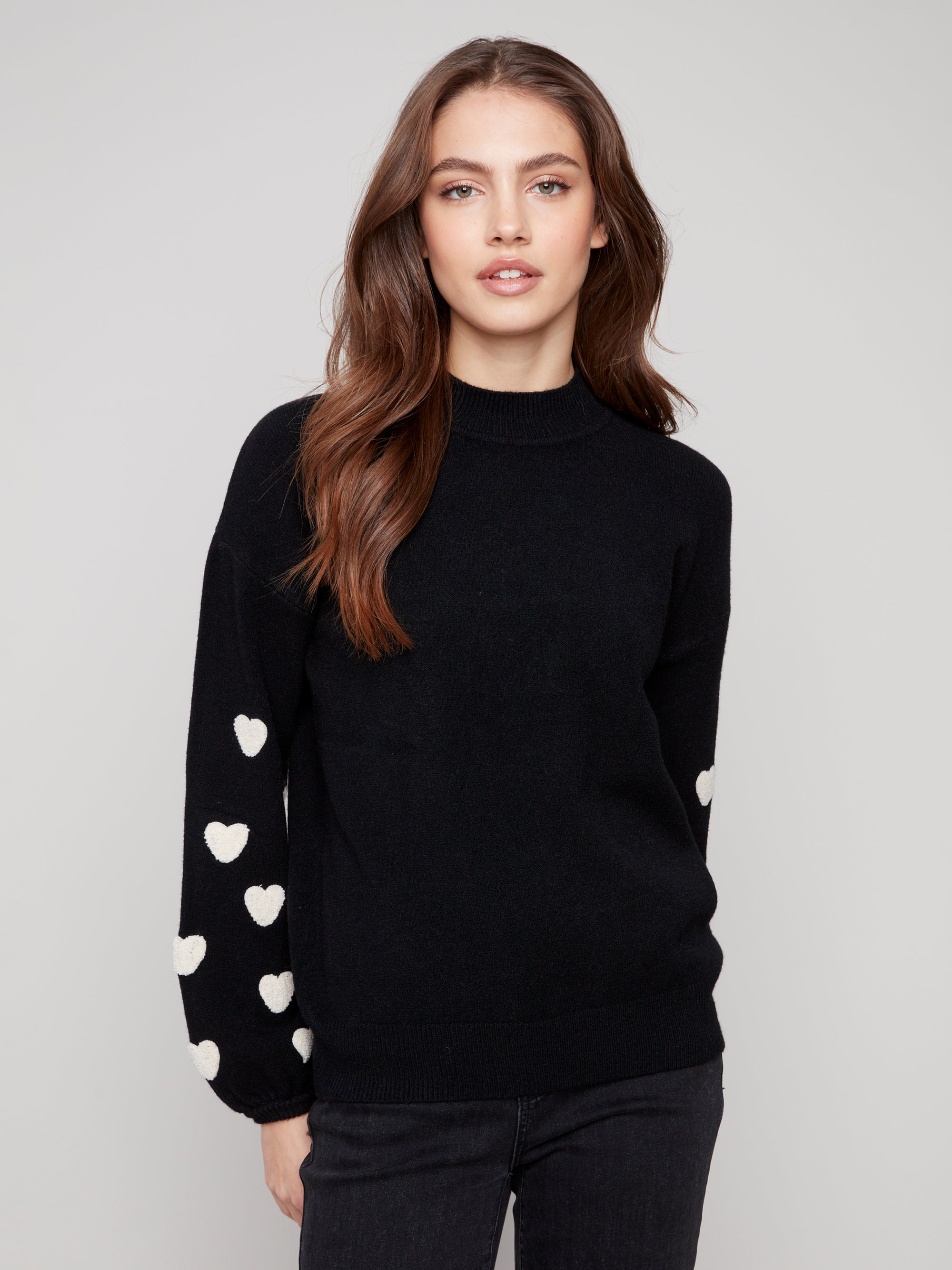 Mock Neck Sweater With Boucle Hearts