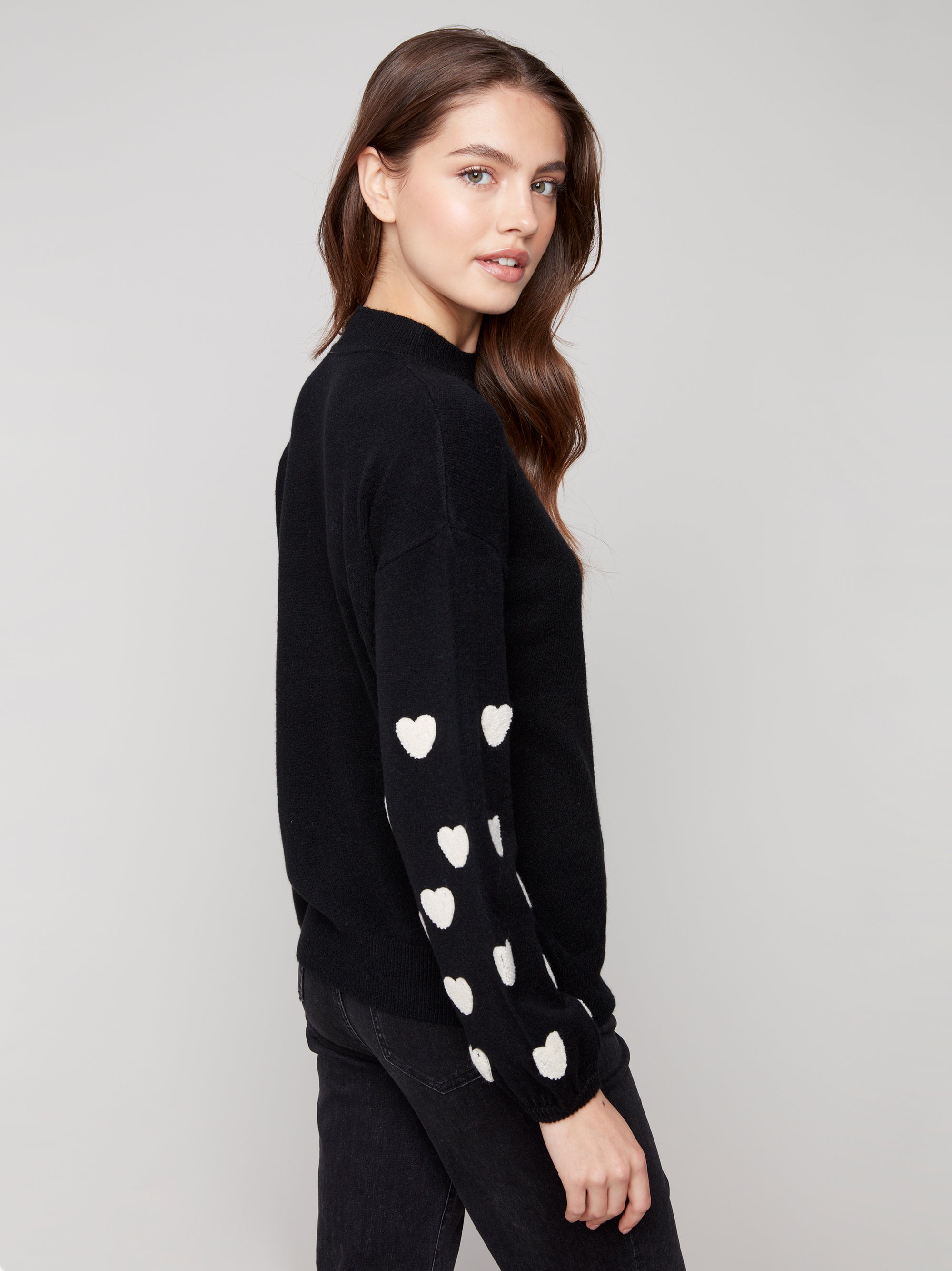 Mock Neck Sweater With Boucle Hearts