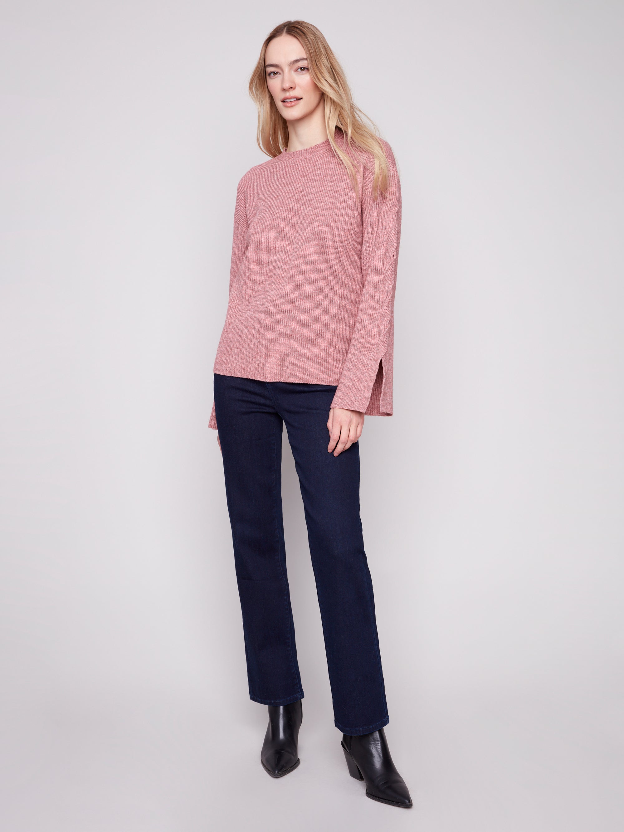 Crew Neck Sweater With Cable Sleeves