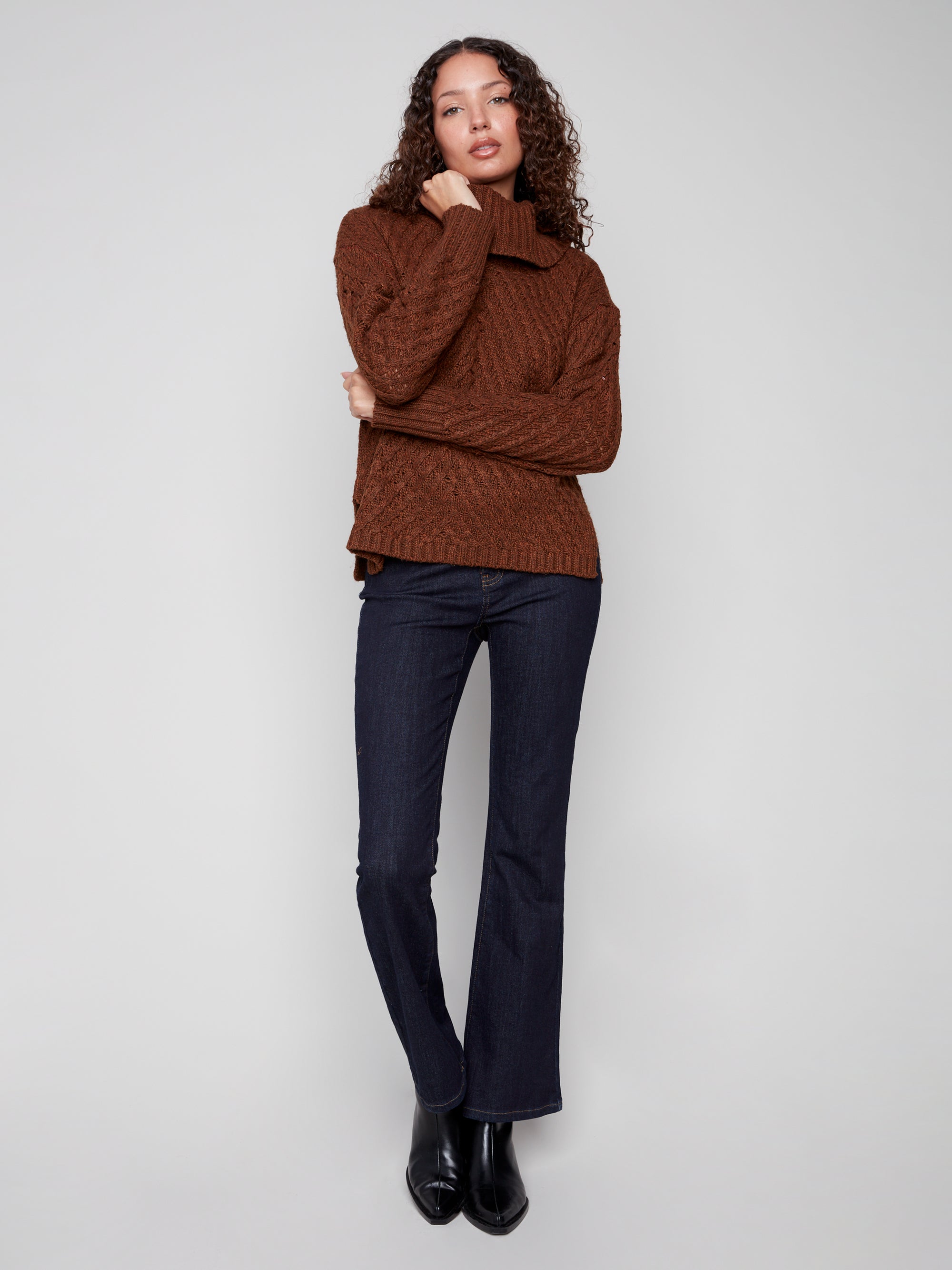 Cowl Neck Sweater With Diagonal Cable