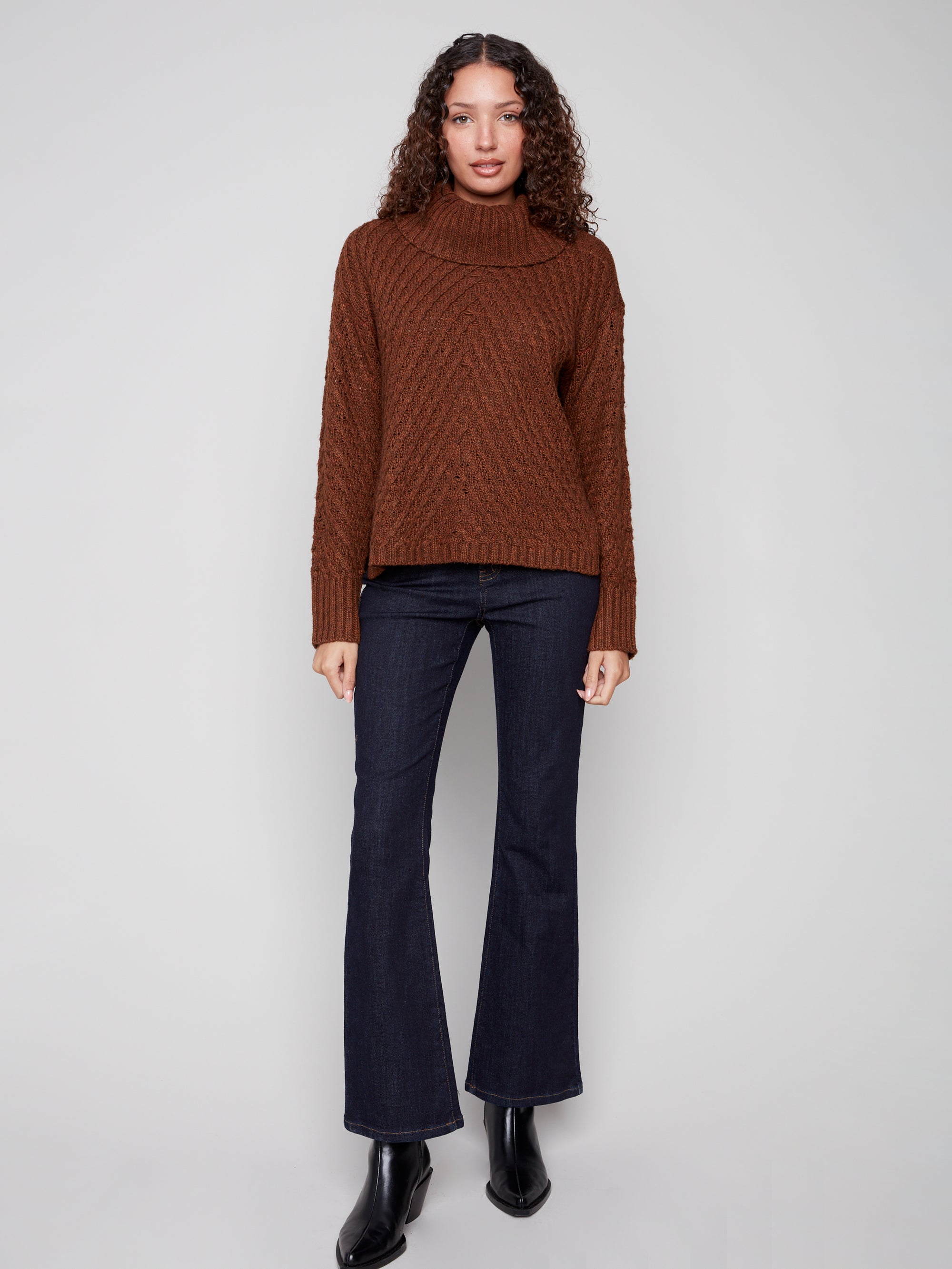 Cowl Neck Sweater With Diagonal Cable