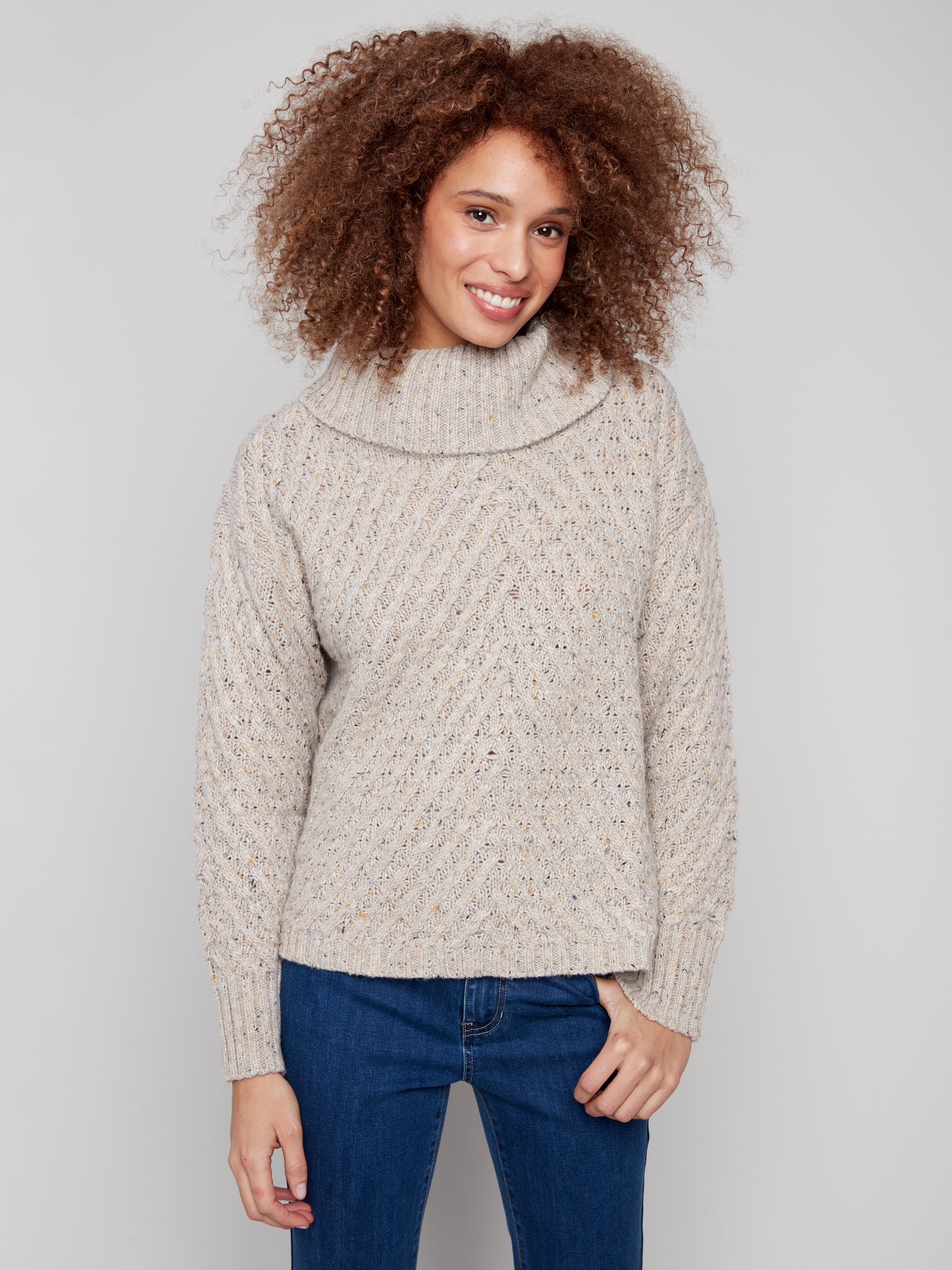 Cowl Neck Sweater With Diagonal Cable