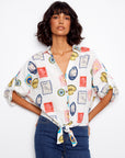 Printed Linen Blend Front-Tie Blouse