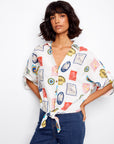 Printed Linen Blend Front-Tie Blouse