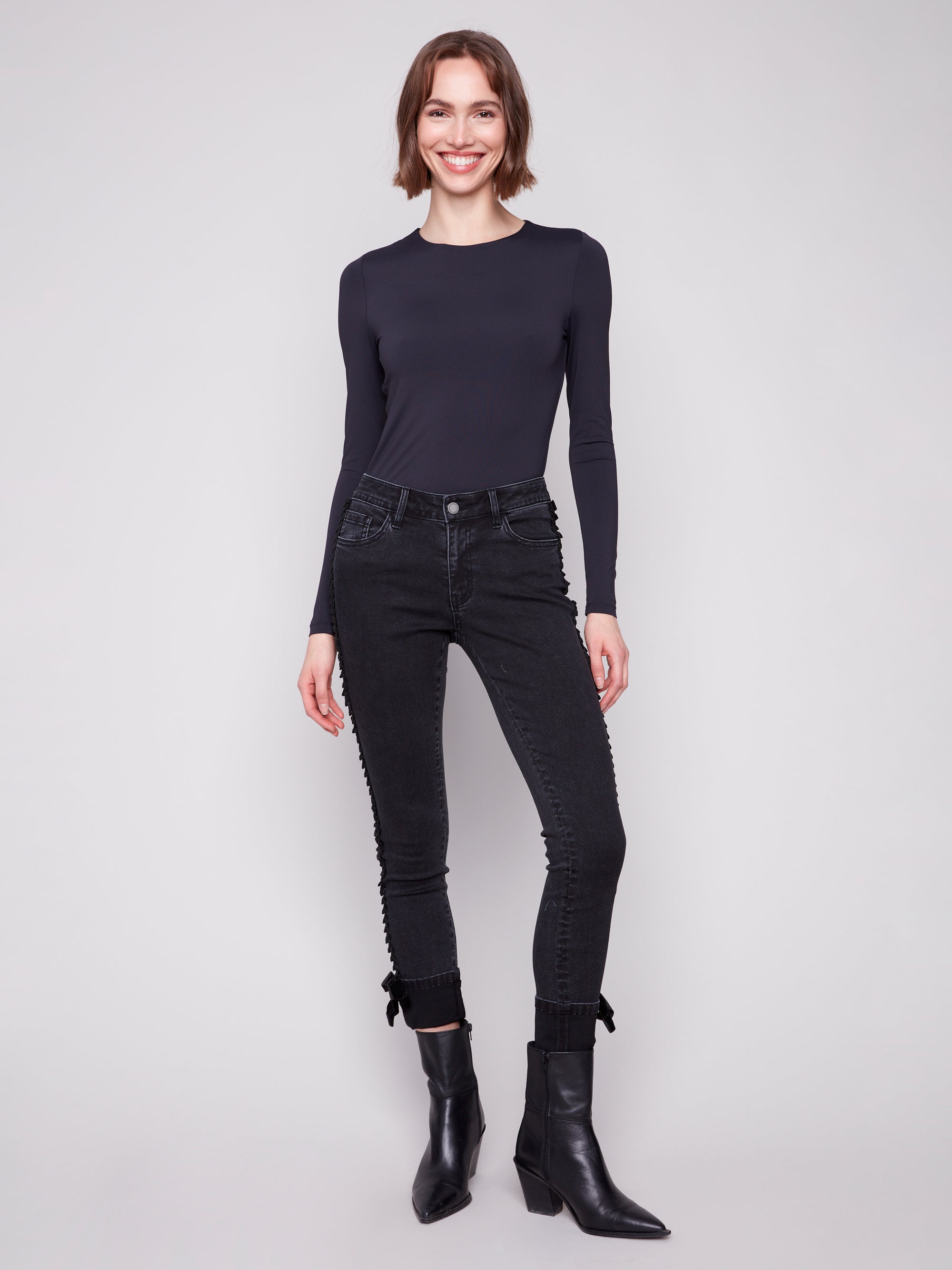 Stretch Denim With Velvet Bow Trim
