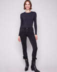 Stretch Denim With Velvet Bow Trim