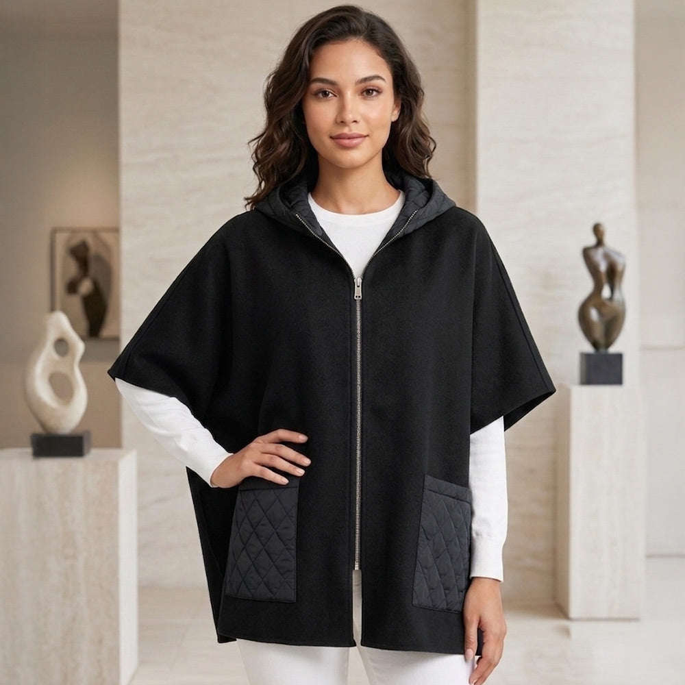 Quilted Pocket Hooded Zip Front Cape