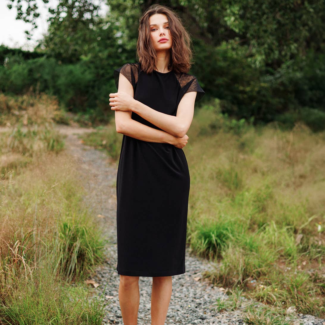 Clara Sunwoo Mesh Cap Sleeve Midi Dress