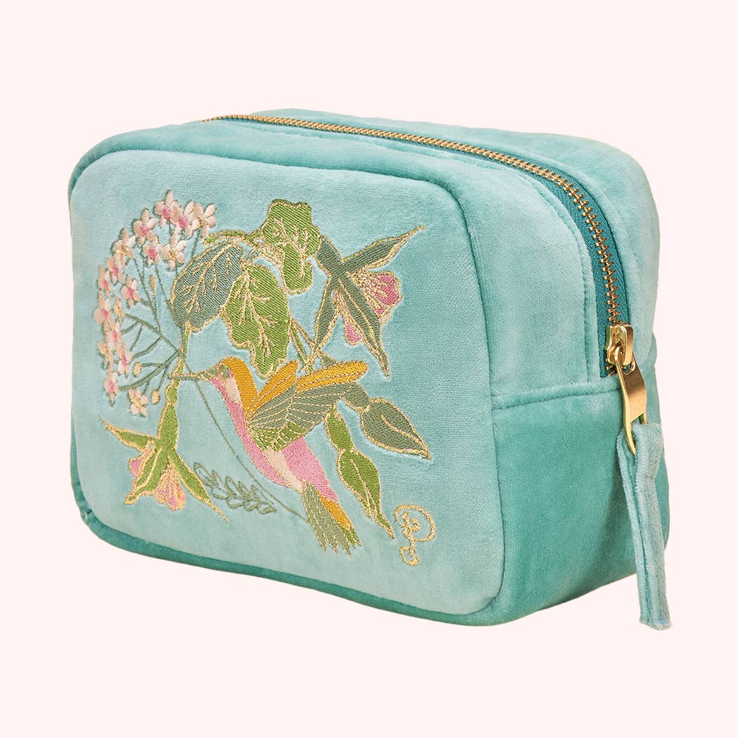 Velvet Embroidered Make Up Bag Hummingbird