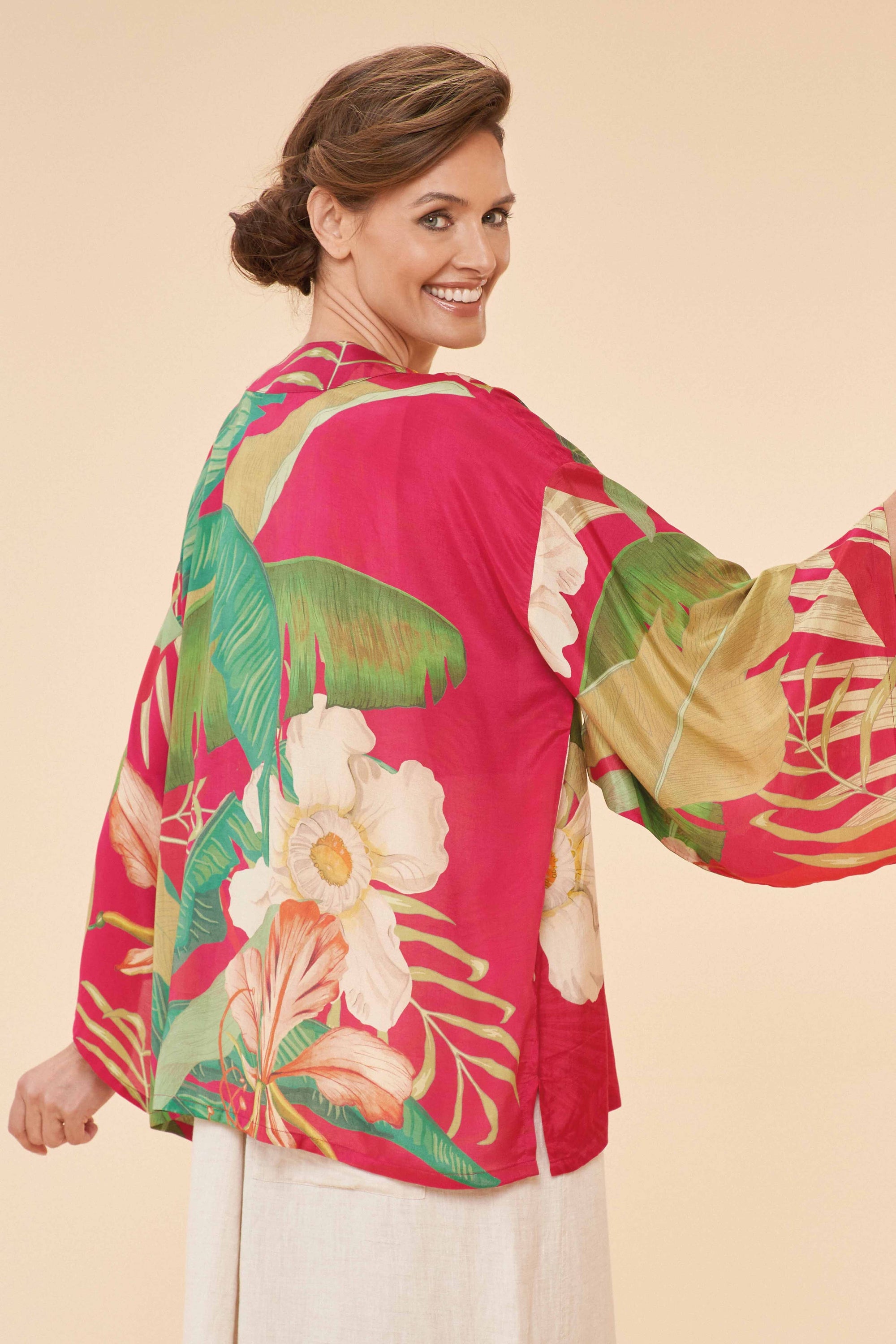 Delicate Tropical Kimono Jacket Dark Rose