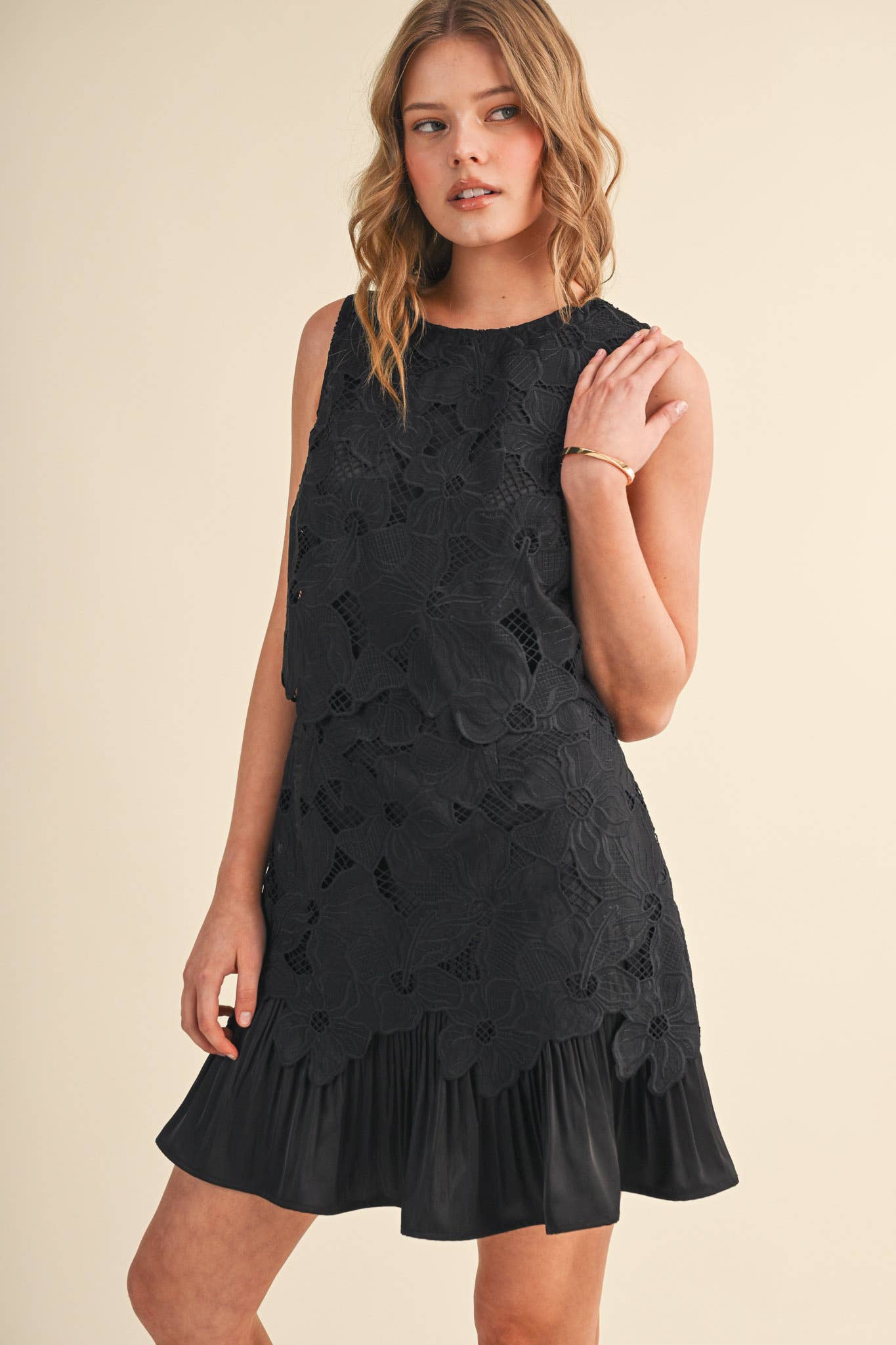 Tiered Floral Lace Flounce Hem Mini Dress