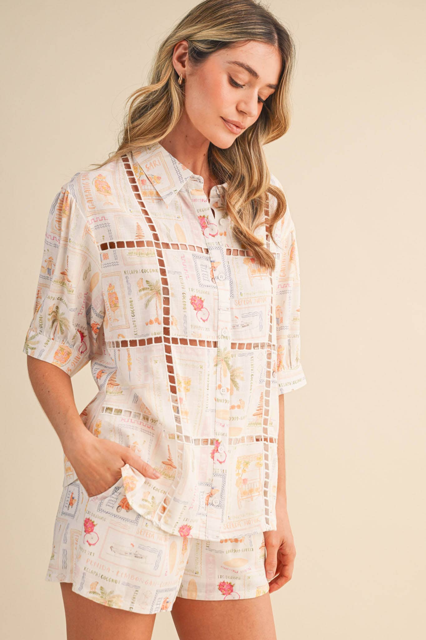 Ladder Trim Button Top &amp; Shorts Set