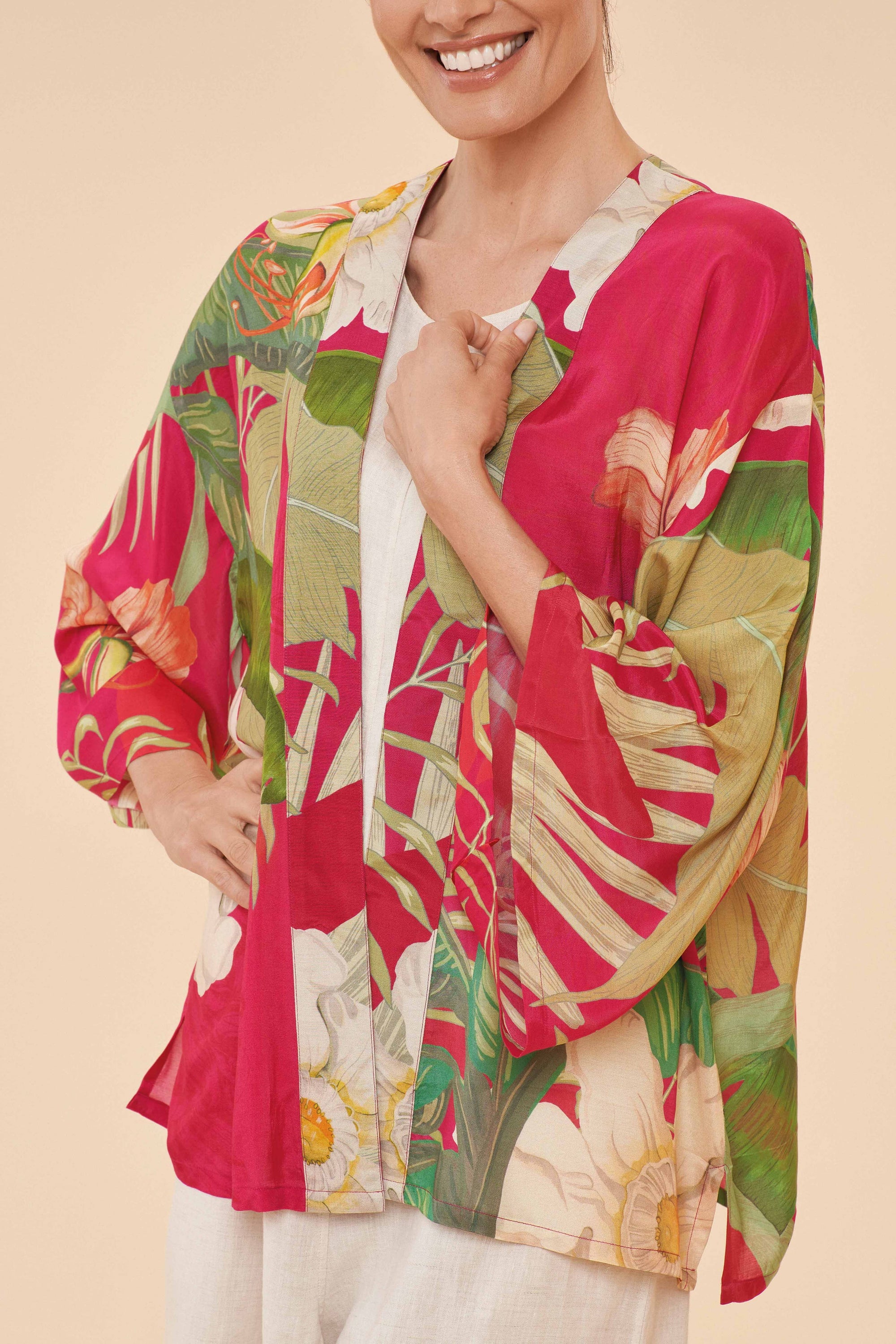 Delicate Tropical Kimono Jacket Dark Rose