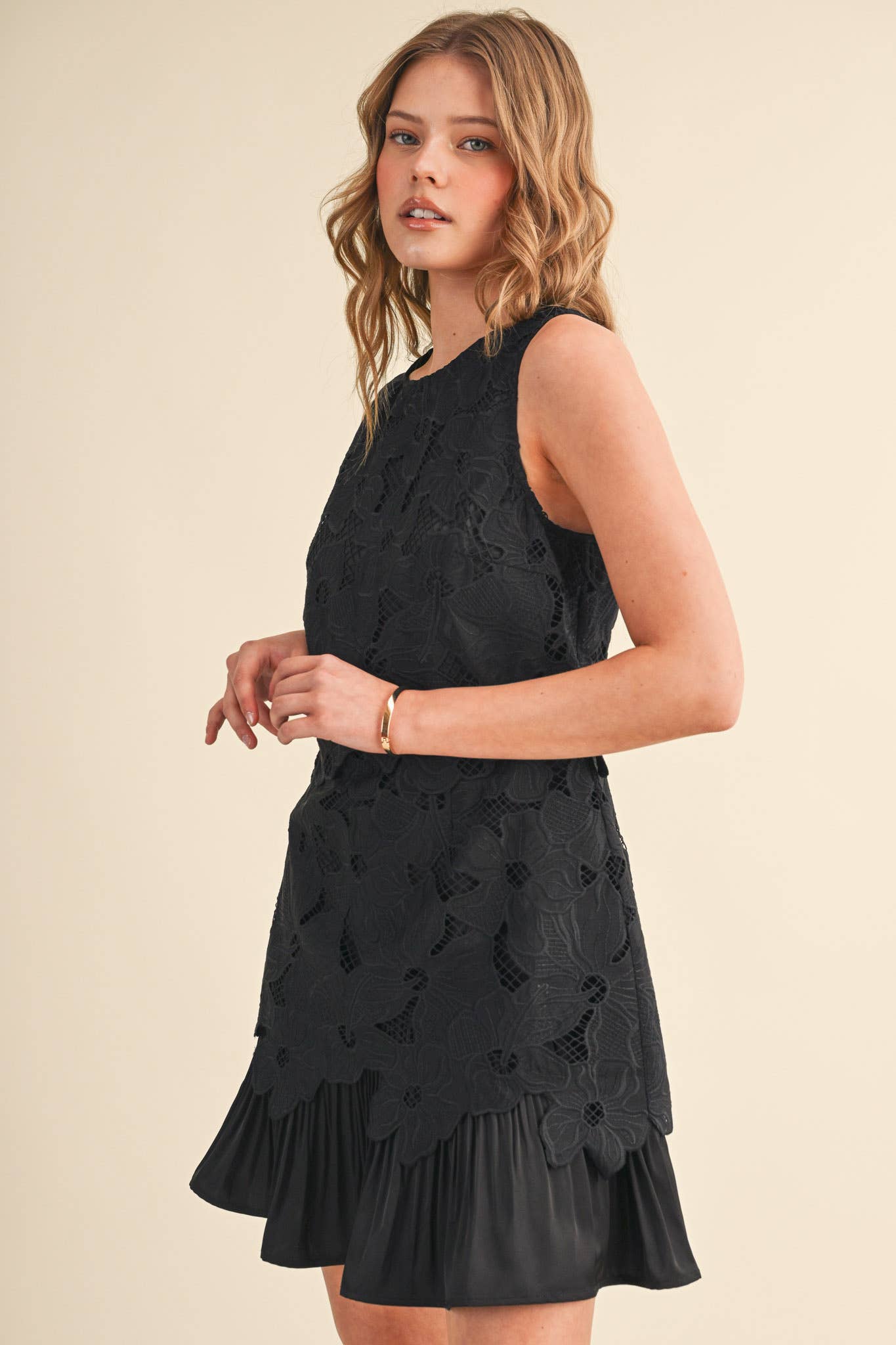 Tiered Floral Lace Flounce Hem Mini Dress