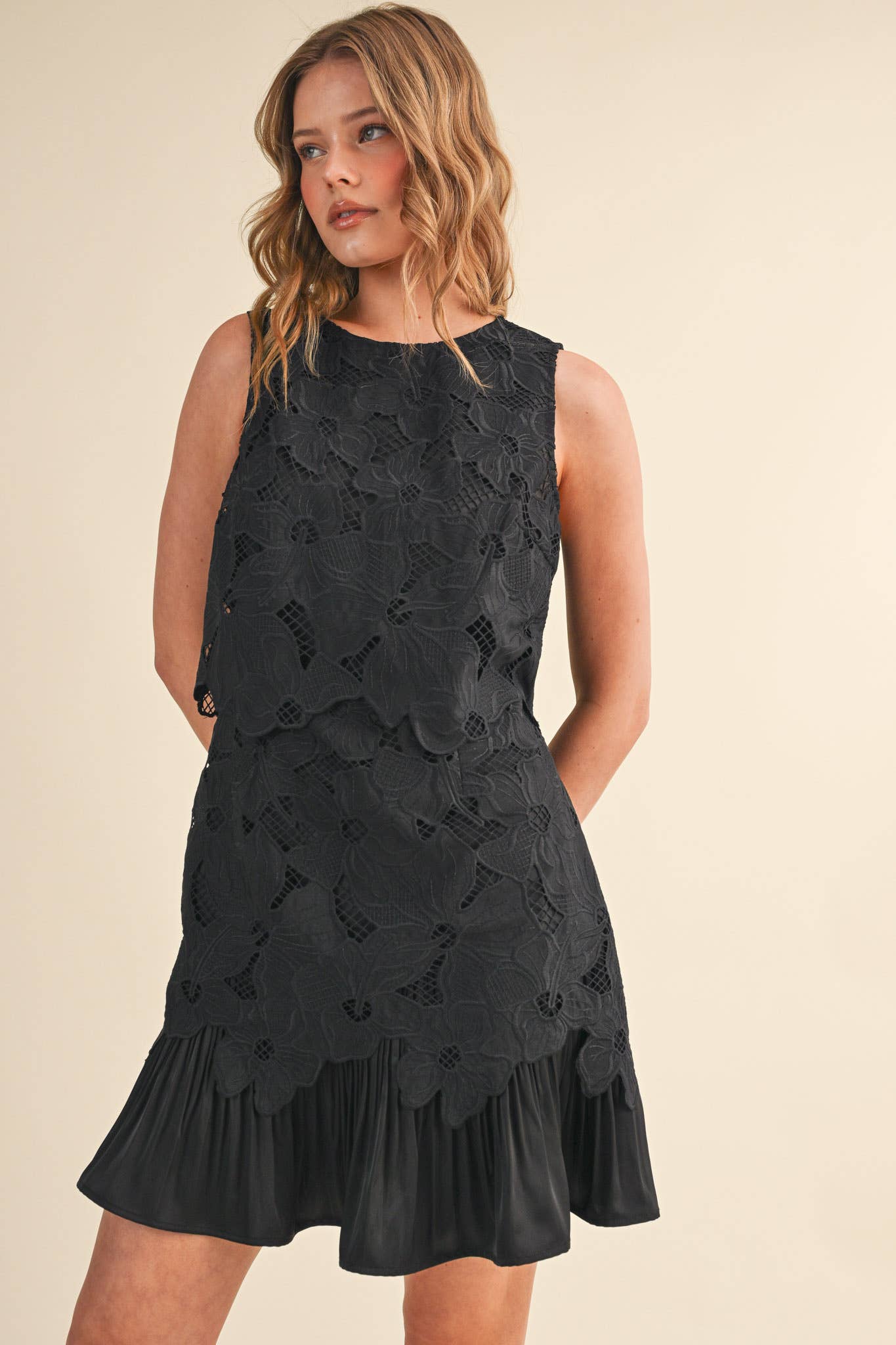 Tiered Floral Lace Flounce Hem Mini Dress