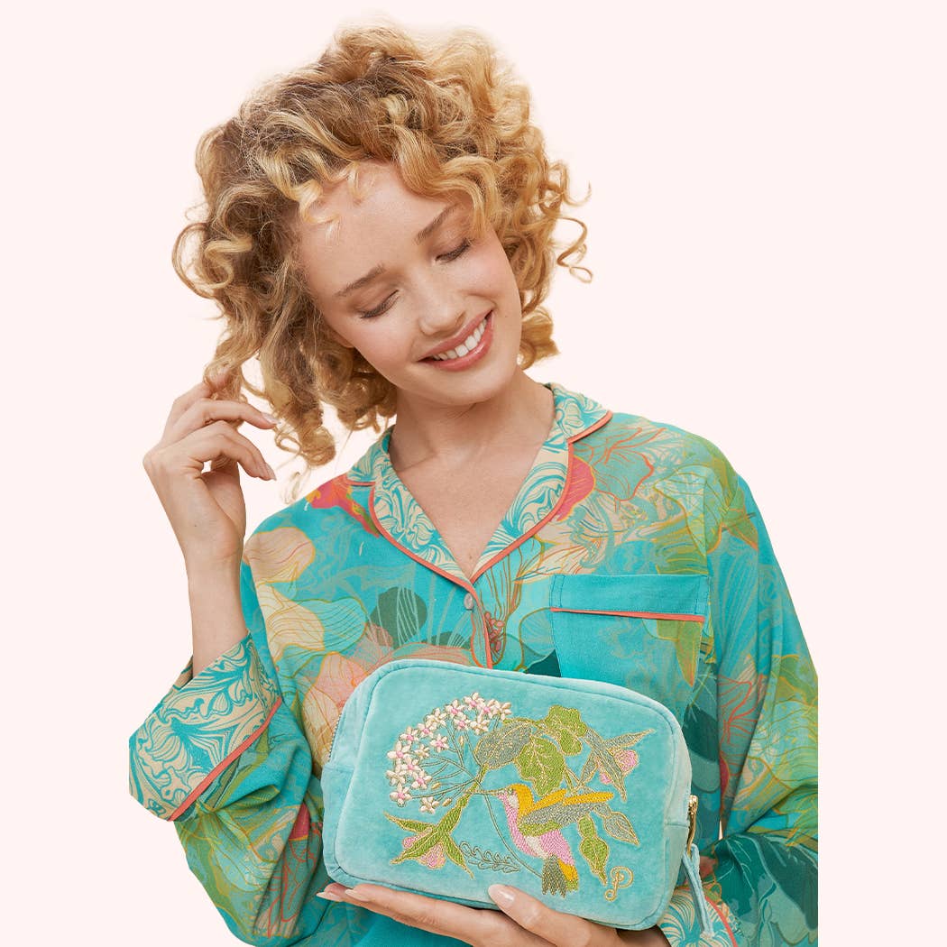 Velvet Embroidered Make Up Bag Hummingbird