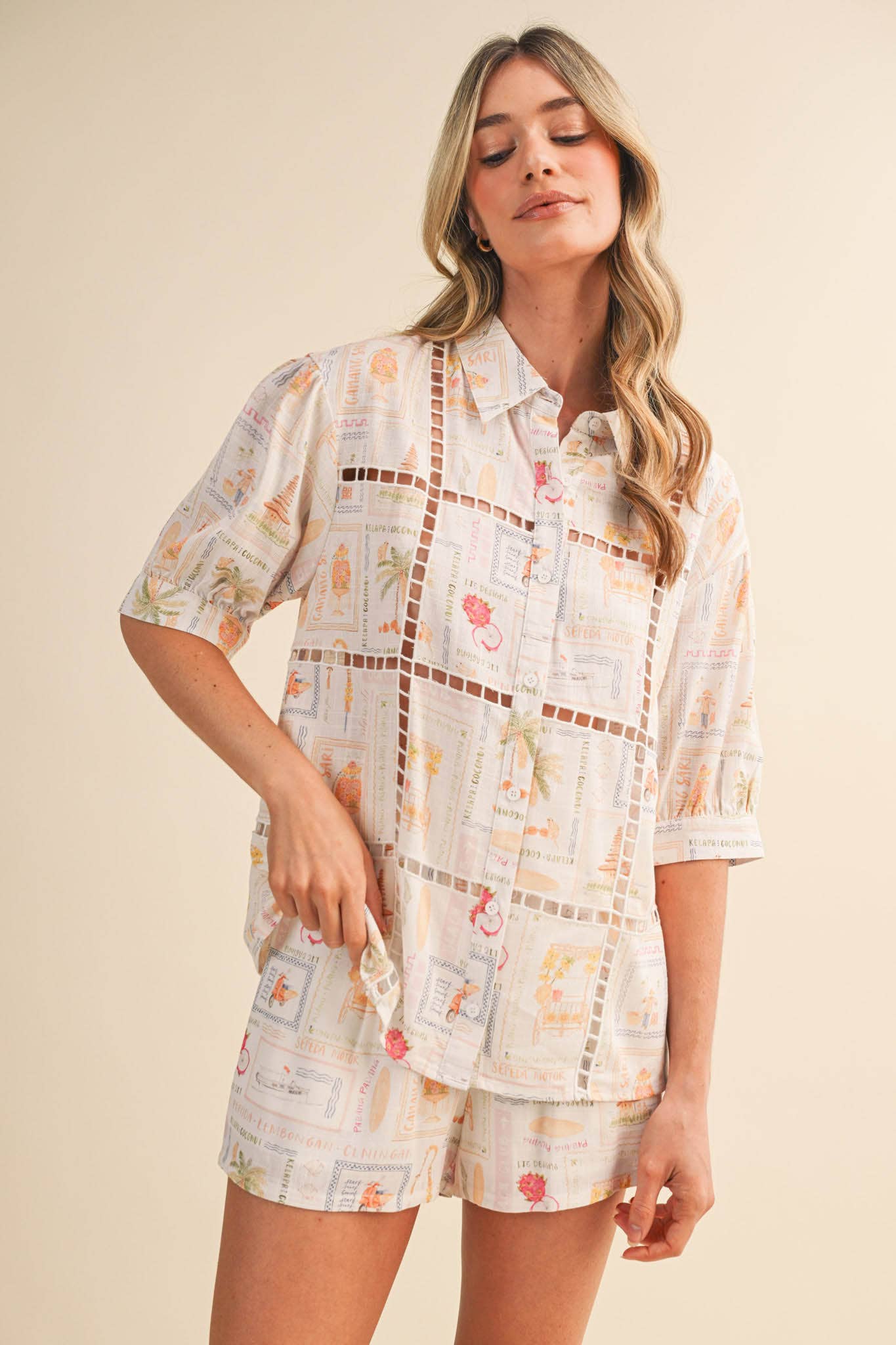 Ladder Trim Button Top &amp; Shorts Set