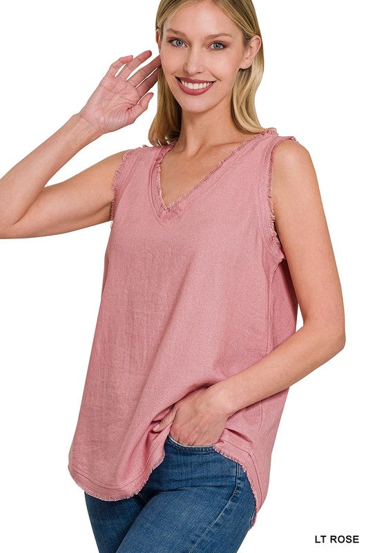 LINEN PRE-WASHED FRAYED EDGE V-NECK SLEEVELESS TOP